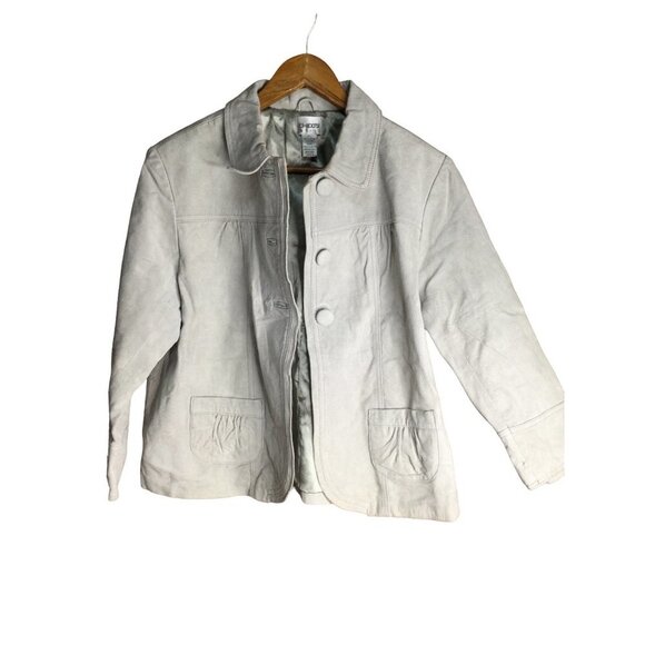 Chico's Three Button Front Genuine Leather Jacket Collared Pockets Gray Size 2 L - Picture 1 of 5